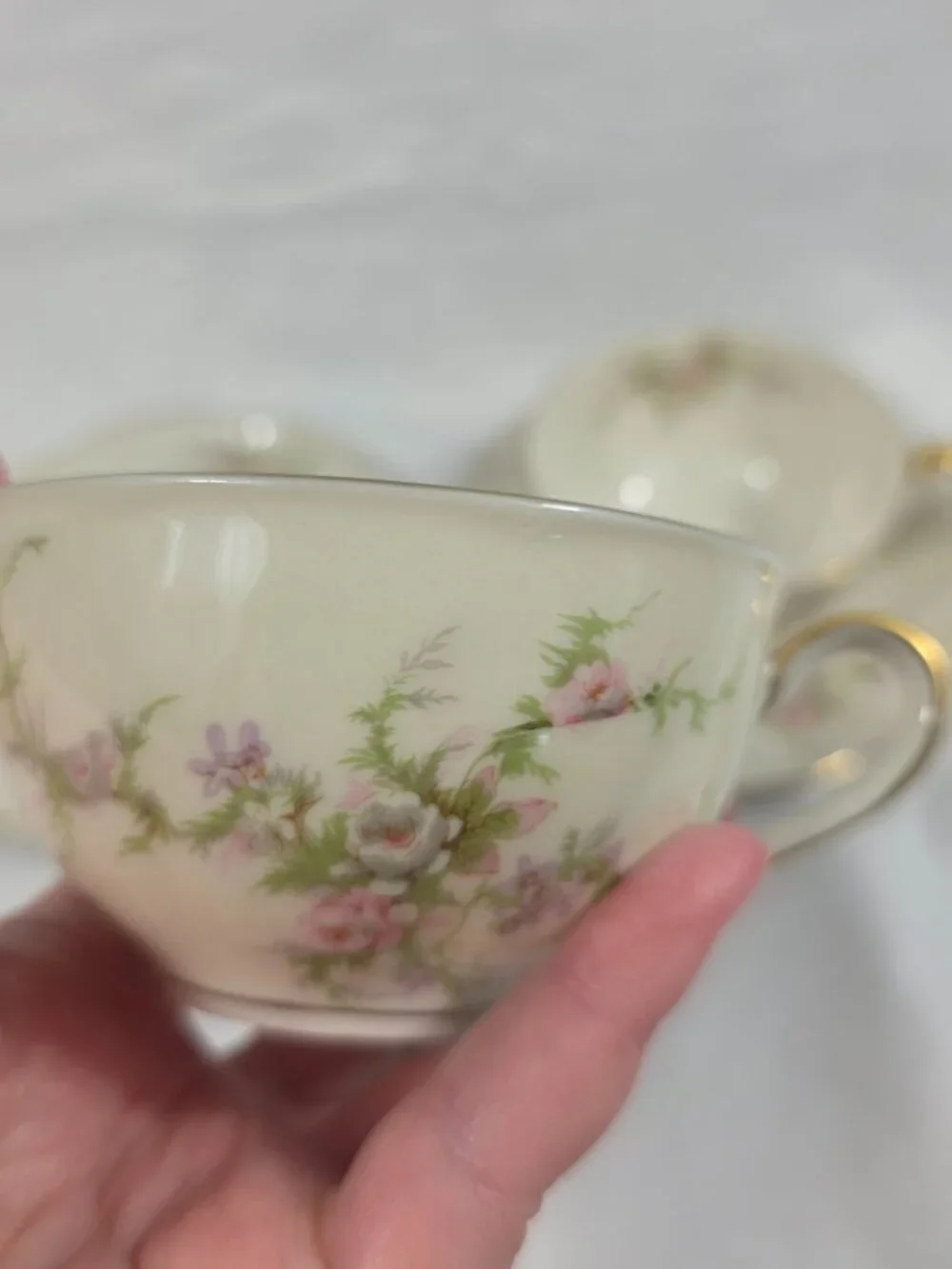 TWO Haviland Rosalinde (New York) Cup & Saucer Sets Pink & Lavendar Flowers